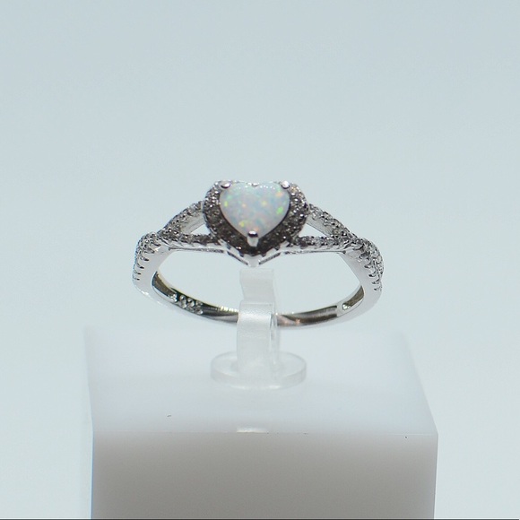 .925 Sterling Silver White Opal CZ Heart Ring - Picture 5 of 6